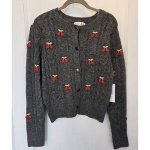 Hazel Moon‎ Women's Long Sleeve Cardigan Cable Knit  Gray w/ Cherries Size Small